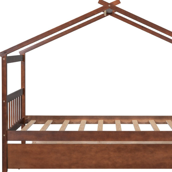HomeRoots Walnut Wood Twin Bed Frame with Space-Saving Trundle – Classic Design for Kids & Guest Rooms! 606954