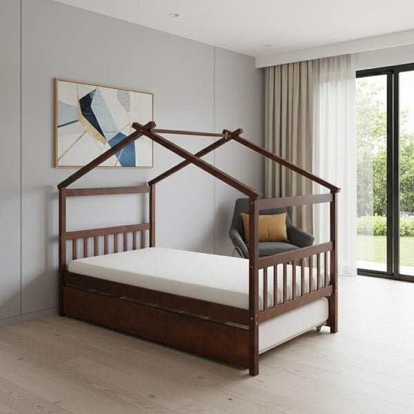 HomeRoots Walnut Wood Twin Bed Frame with Space-Saving Trundle – Classic Design for Kids & Guest Rooms! 606954
