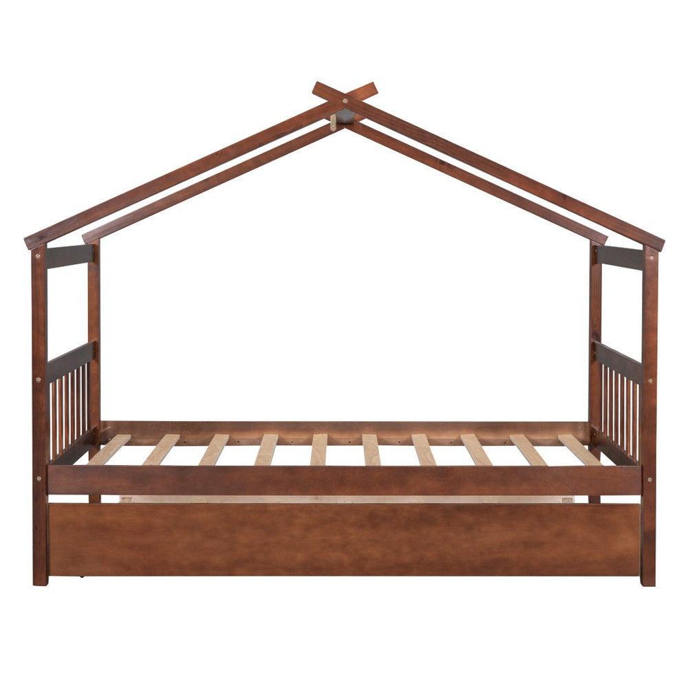 HomeRoots Walnut Wood Twin Bed Frame with Space-Saving Trundle – Classic Design for Kids & Guest Rooms! 606954