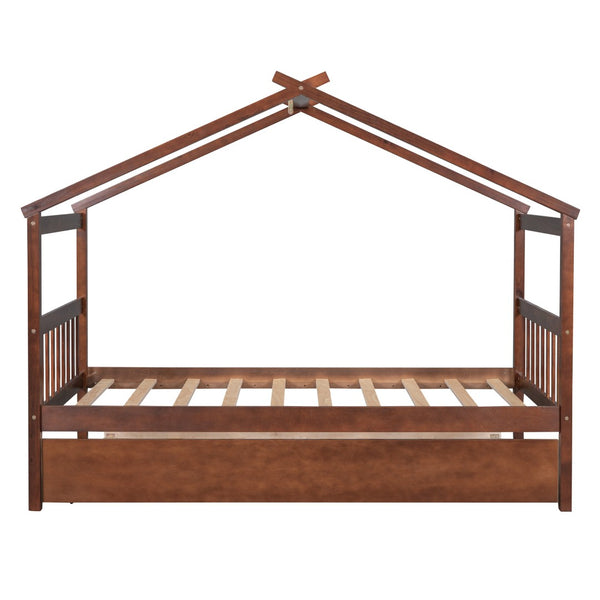 HomeRoots Walnut Wood Twin Bed Frame with Space-Saving Trundle – Classic Design for Kids & Guest Rooms! 606954