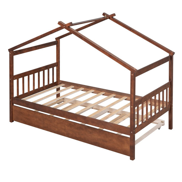HomeRoots Walnut Wood Twin Bed Frame with Space-Saving Trundle – Classic Design for Kids & Guest Rooms! 606954