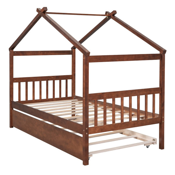 HomeRoots Walnut Wood Twin Bed Frame with Space-Saving Trundle – Classic Design for Kids & Guest Rooms! 606954