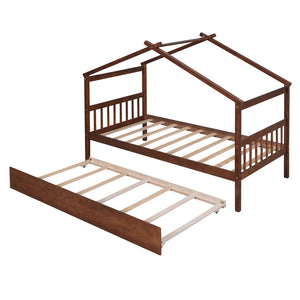 HomeRoots Walnut Wood Twin Bed Frame with Space-Saving Trundle – Classic Design for Kids & Guest Rooms! 606954