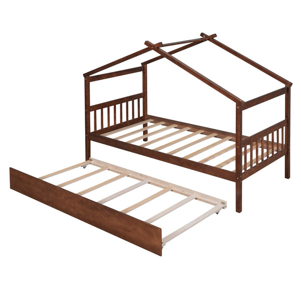 HomeRoots Walnut Wood Twin Bed Frame with Space-Saving Trundle – Classic Design for Kids & Guest Rooms! 606954