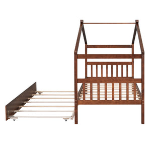 HomeRoots Walnut Wood Twin Bed Frame with Space-Saving Trundle – Classic Design for Kids & Guest Rooms! 606954