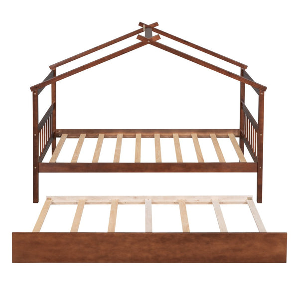 HomeRoots Walnut Wood Twin Bed Frame with Space-Saving Trundle – Classic Design for Kids & Guest Rooms! 606954