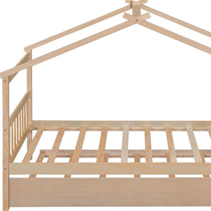 HomeRoots Natural Wood Twin House Bed with Trundle - Stylish, Durable & Cozy Design for Kids' Rooms! 606955