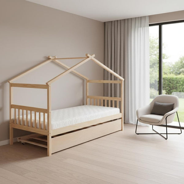 HomeRoots Natural Wood Twin House Bed with Trundle - Stylish, Durable & Cozy Design for Kids' Rooms! 606955