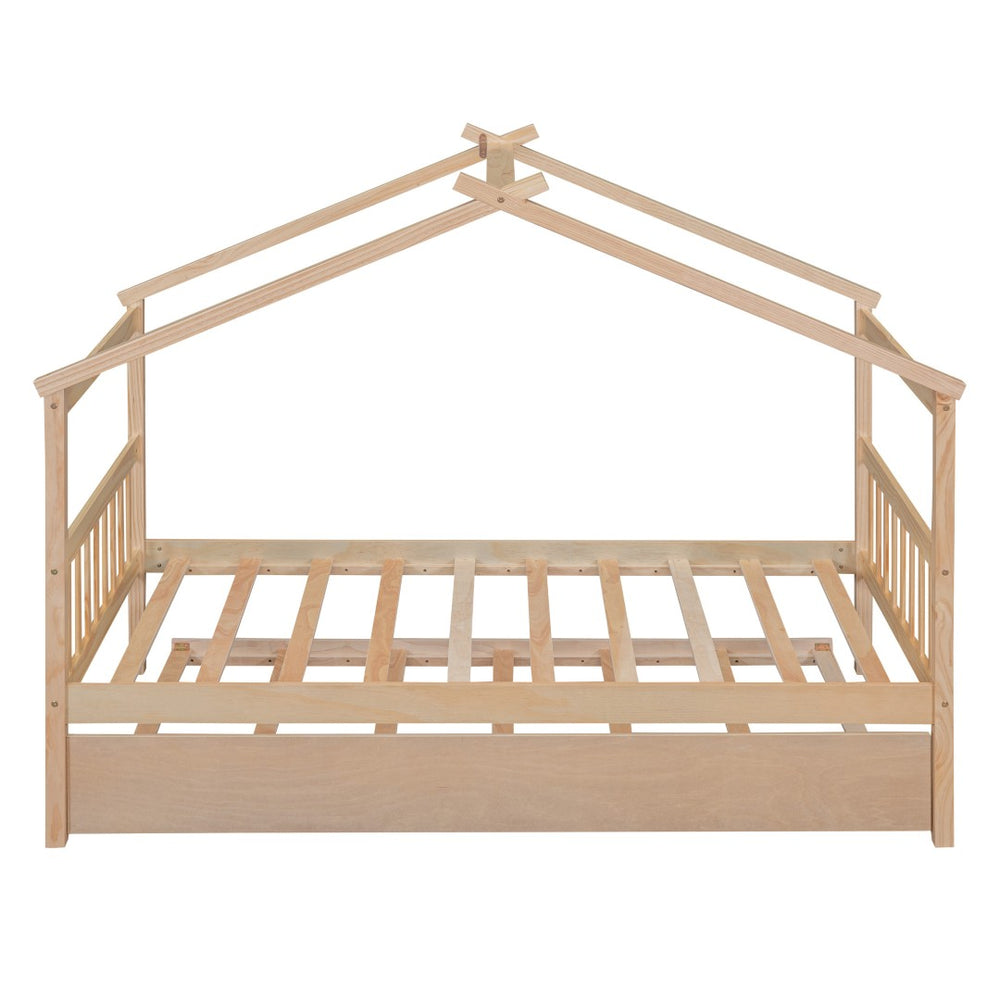 HomeRoots Natural Wood Twin House Bed with Trundle - Stylish, Durable & Cozy Design for Kids' Rooms! 606955