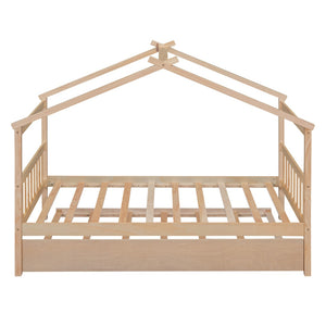 HomeRoots Natural Wood Twin House Bed with Trundle - Stylish, Durable & Cozy Design for Kids' Rooms! 606955