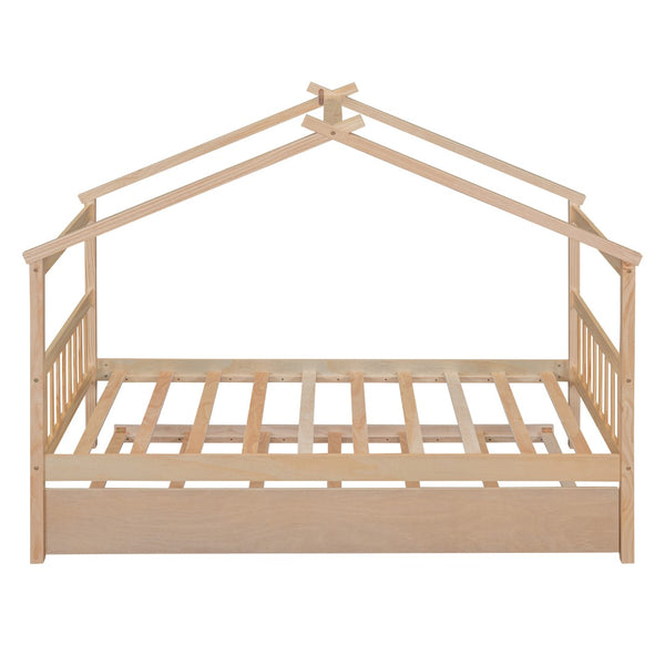 HomeRoots Natural Wood Twin House Bed with Trundle - Stylish, Durable & Cozy Design for Kids' Rooms! 606955