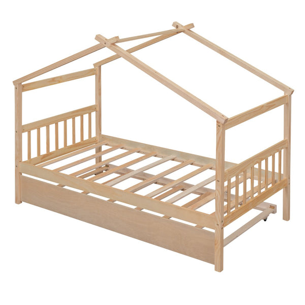 HomeRoots Natural Wood Twin House Bed with Trundle - Stylish, Durable & Cozy Design for Kids' Rooms! 606955