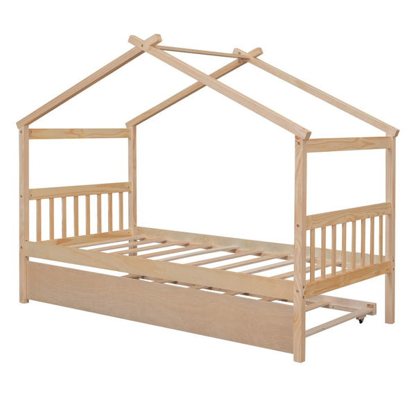 HomeRoots Natural Wood Twin House Bed with Trundle - Stylish, Durable & Cozy Design for Kids' Rooms! 606955
