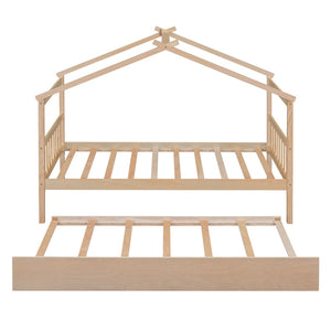 HomeRoots Natural Wood Twin House Bed with Trundle - Stylish, Durable & Cozy Design for Kids' Rooms! 606955