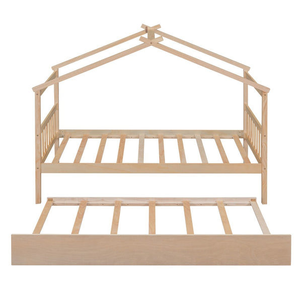 HomeRoots Natural Wood Twin House Bed with Trundle - Stylish, Durable & Cozy Design for Kids' Rooms! 606955