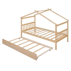 HomeRoots Natural Wood Twin House Bed with Trundle - Stylish, Durable & Cozy Design for Kids' Rooms! 606955