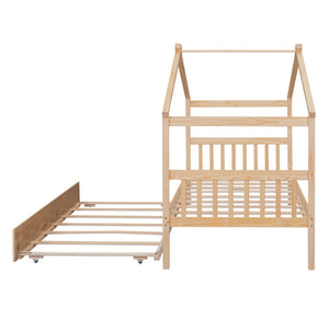HomeRoots Natural Wood Twin House Bed with Trundle - Stylish, Durable & Cozy Design for Kids' Rooms! 606955