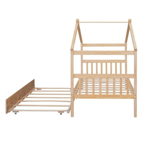 HomeRoots Natural Wood Twin House Bed with Trundle - Stylish, Durable & Cozy Design for Kids' Rooms! 606955
