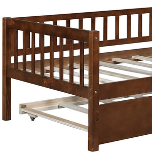 HomeRoots Walnut Twin Daybed Frame with Trundle - Elegant Space-Saving Design for Kids & Guest Rooms 606958