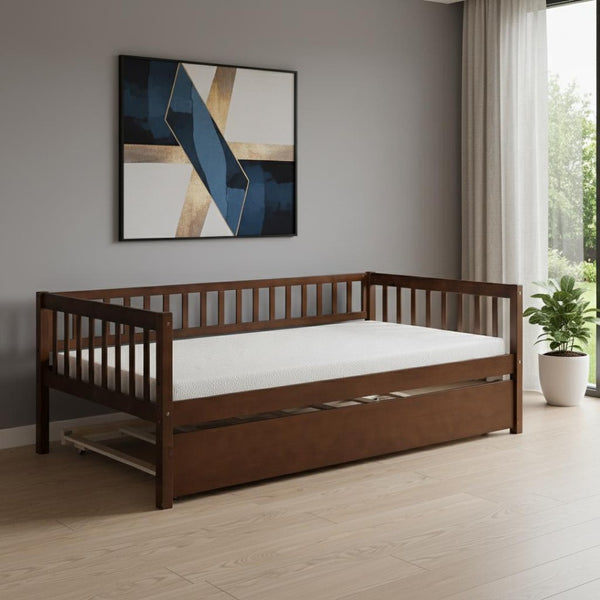 HomeRoots Walnut Twin Daybed Frame with Trundle - Elegant Space-Saving Design for Kids & Guest Rooms 606958