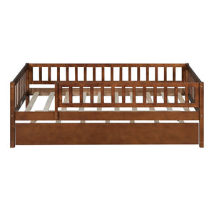 HomeRoots Walnut Twin Daybed Frame with Trundle - Elegant Space-Saving Design for Kids & Guest Rooms 606958