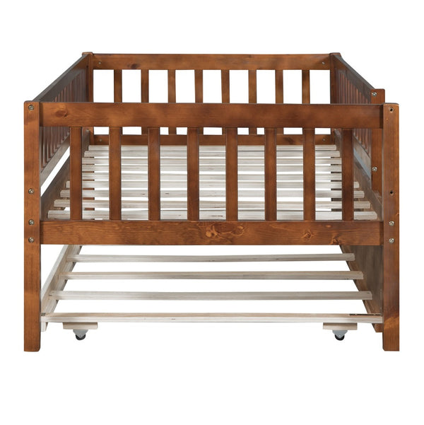 HomeRoots Walnut Twin Daybed Frame with Trundle - Elegant Space-Saving Design for Kids & Guest Rooms 606958