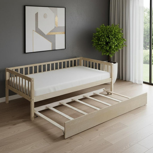 HomeRoots Natural Wood Twin Daybed Frame with Trundle - Stylish & Versatile Solution for Any Space! 606959