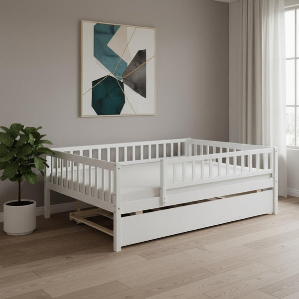 HomeRoots White Wood Full Daybed Frame with Trundle – Timeless Design, Versatile Comfort & Easy Storage Solution 606961