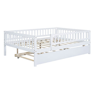 HomeRoots White Wood Full Daybed Frame with Trundle – Timeless Design, Versatile Comfort & Easy Storage Solution 606961