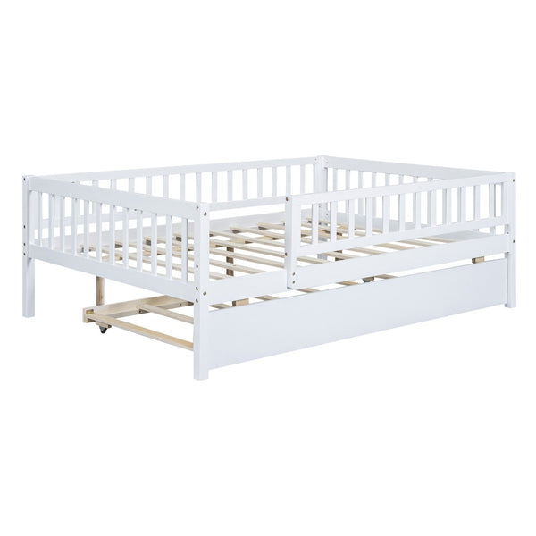 HomeRoots White Wood Full Daybed Frame with Trundle – Timeless Design, Versatile Comfort & Easy Storage Solution 606961