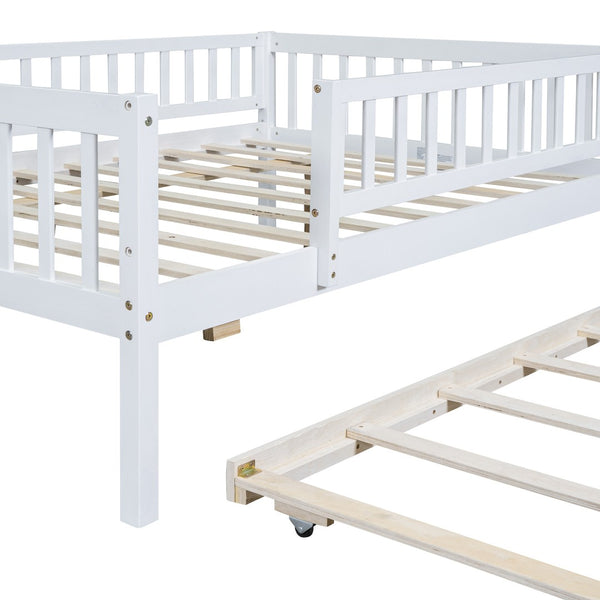 HomeRoots White Wood Full Daybed Frame with Trundle – Timeless Design, Versatile Comfort & Easy Storage Solution 606961