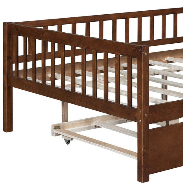 HomeRoots Walnut Wood Full Day Bed with Trundle – Elegant, Versatile Seating & Sleeping Solution for Any Space 606962