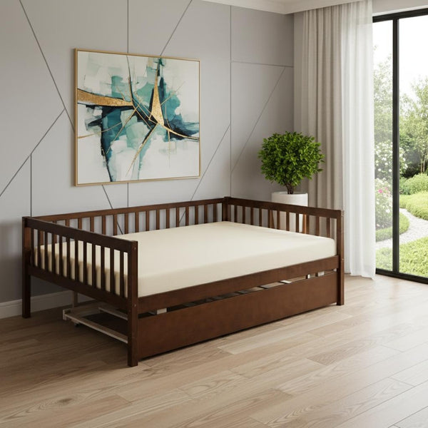 HomeRoots Walnut Wood Full Day Bed with Trundle – Elegant, Versatile Seating & Sleeping Solution for Any Space 606962
