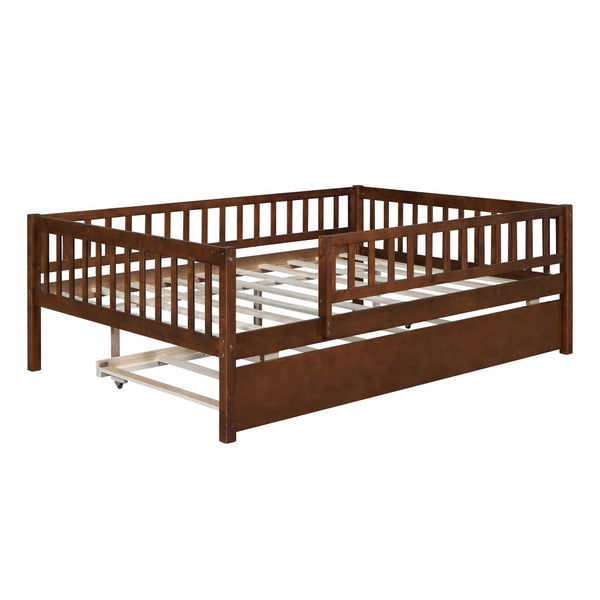 HomeRoots Walnut Wood Full Day Bed with Trundle – Elegant, Versatile Seating & Sleeping Solution for Any Space 606962