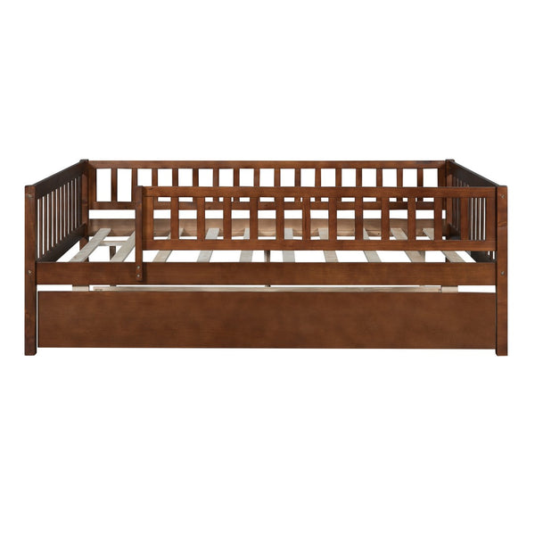 HomeRoots Walnut Wood Full Day Bed with Trundle – Elegant, Versatile Seating & Sleeping Solution for Any Space 606962