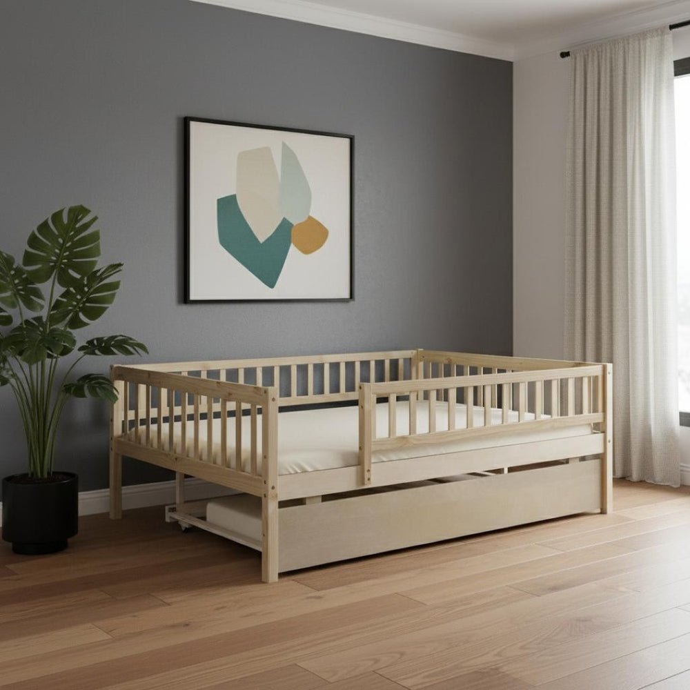 HomeRoots Natural Wood Full Daybed Frame with Trundle - Stylish, Durable Design for Versatile Guest Spaces 606963