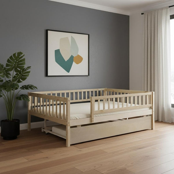 HomeRoots Natural Wood Full Daybed Frame with Trundle - Stylish, Durable Design for Versatile Guest Spaces 606963