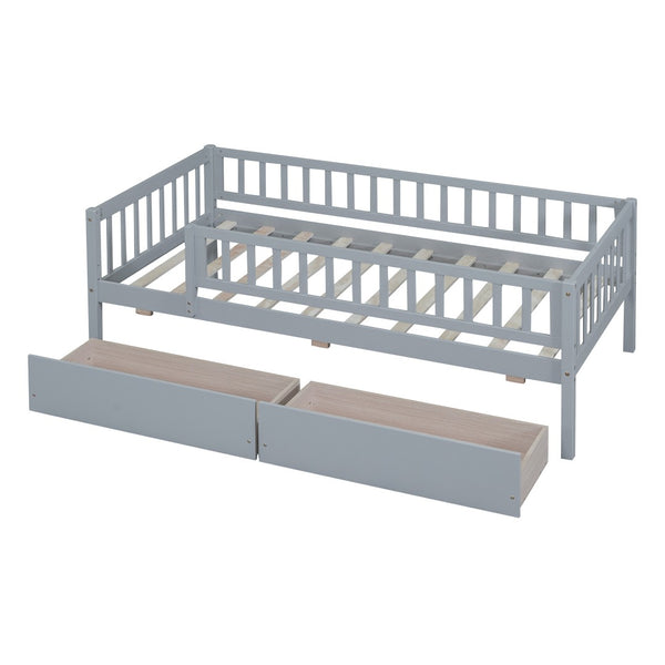 HomeRoots Gray Wood Twin Daybed Frame with Under-Bed Drawers for Modern Storage & Space-Saving Style 606964