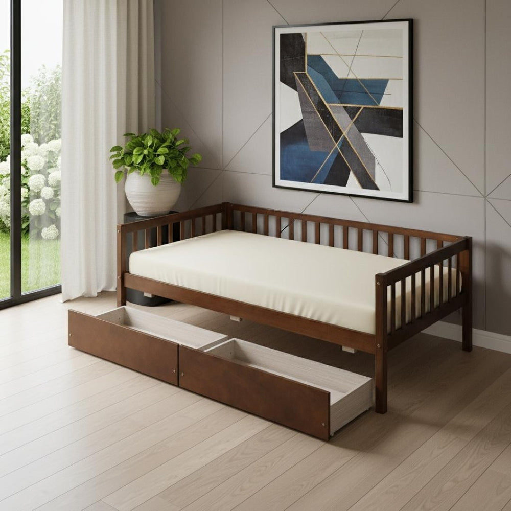 HomeRoots Walnut Twin Daybed Frame with Drawers - Elegant Storage Solution for Compact Spaces & Kids' Rooms 606966