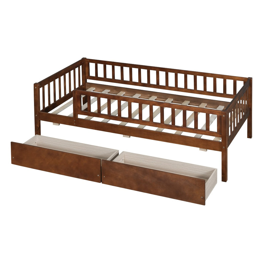 HomeRoots Walnut Twin Daybed Frame with Drawers - Elegant Storage Solution for Compact Spaces & Kids' Rooms 606966