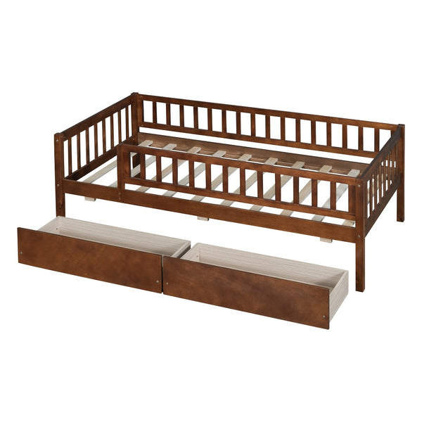 HomeRoots Walnut Twin Daybed Frame with Drawers - Elegant Storage Solution for Compact Spaces & Kids' Rooms 606966