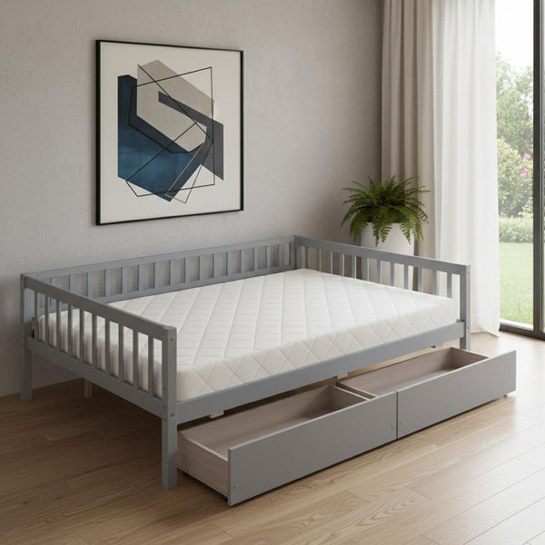 HomeRoots Gray Wood Full Daybed Frame with Under-Bed Drawers - Stylish Storage Solution for Any Bedroom! 606968