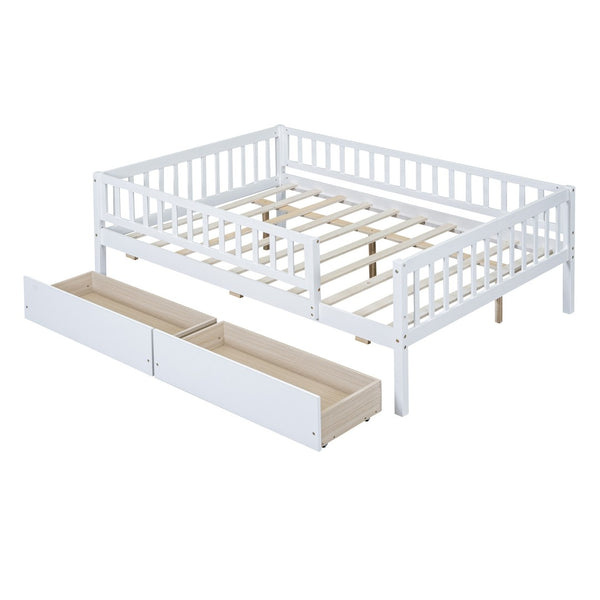 HomeRoots White Wood Full Daybed Frame with Built-in Drawers – Elegant Multi-Functional Storage Solution for Your Home 606969
