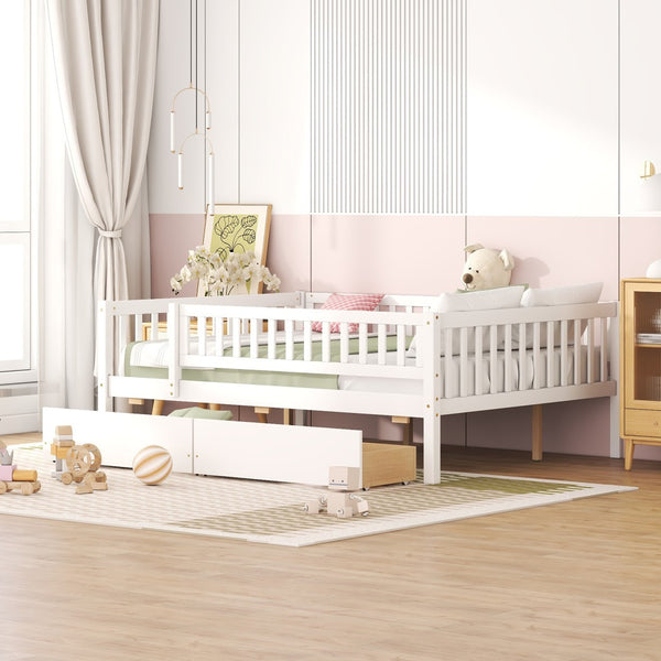 HomeRoots White Wood Full Daybed Frame with Built-in Drawers – Elegant Multi-Functional Storage Solution for Your Home 606969
