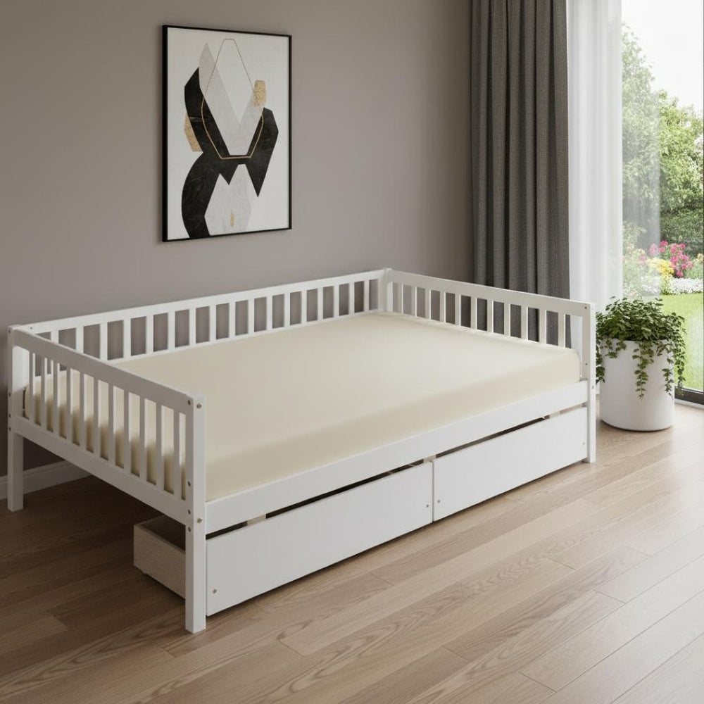 HomeRoots White Wood Full Daybed Frame with Built-in Drawers – Elegant Multi-Functional Storage Solution for Your Home 606969