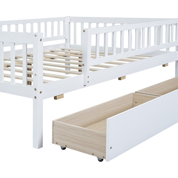 HomeRoots White Wood Full Daybed Frame with Built-in Drawers – Elegant Multi-Functional Storage Solution for Your Home 606969