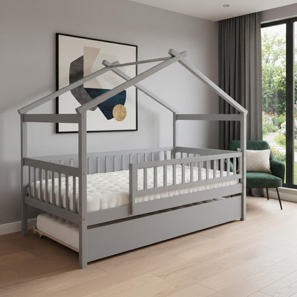 HomeRoots Gray Wood Twin Bed Frame with Trundle - Stylish, Space-Saving Design Perfect for Kids & Guests! 606979