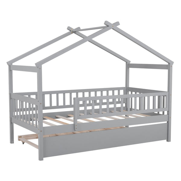 HomeRoots Gray Wood Twin Bed Frame with Trundle - Stylish, Space-Saving Design Perfect for Kids & Guests! 606979