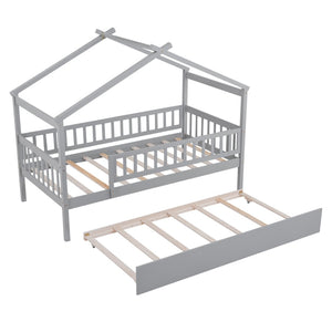 HomeRoots Gray Wood Twin Bed Frame with Trundle - Stylish, Space-Saving Design Perfect for Kids & Guests! 606979