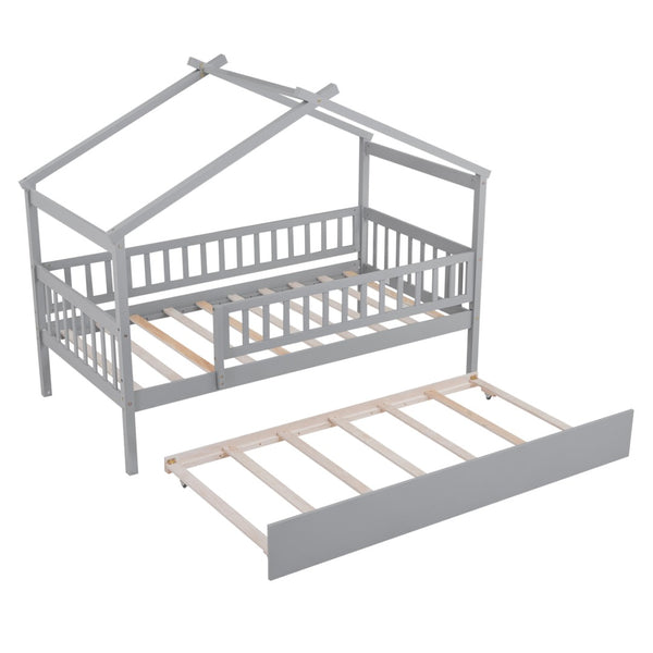 HomeRoots Gray Wood Twin Bed Frame with Trundle - Stylish, Space-Saving Design Perfect for Kids & Guests! 606979